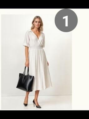 New York & Company Cream V-Neck Midi Dress with Short Sleeves